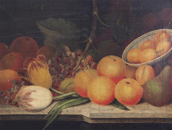 Mid 19th century English School Still lifes of fruits on ledges, 12 x 16in.